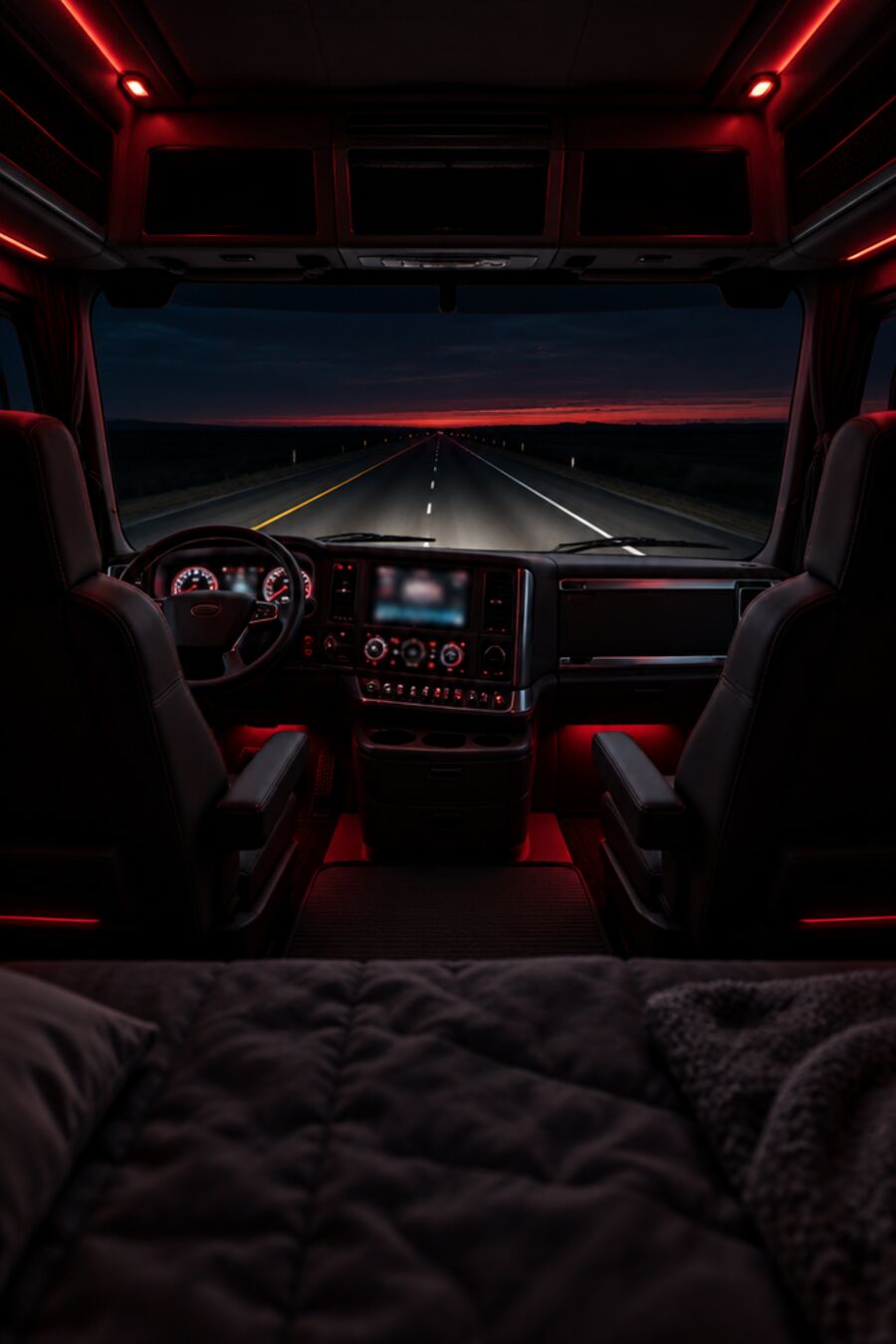 Two empty seats in a sleeper truck cab at night with the highway ahead
